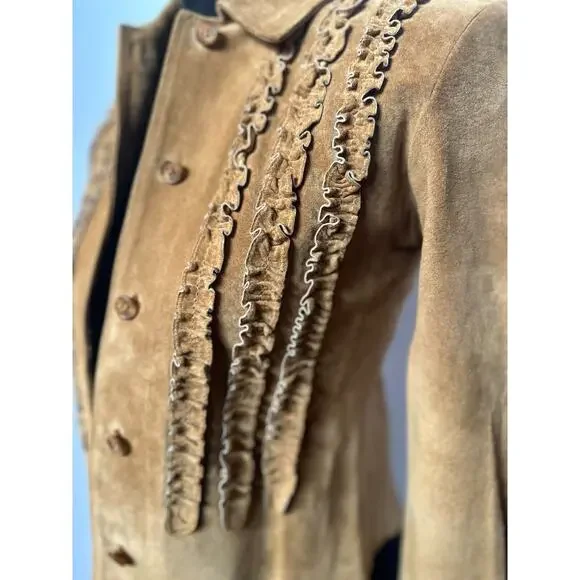 Margaret Godfrey Vintage Suede Jacket M Boho Western Ruffle Button Down Camel - Picture 2 of 12